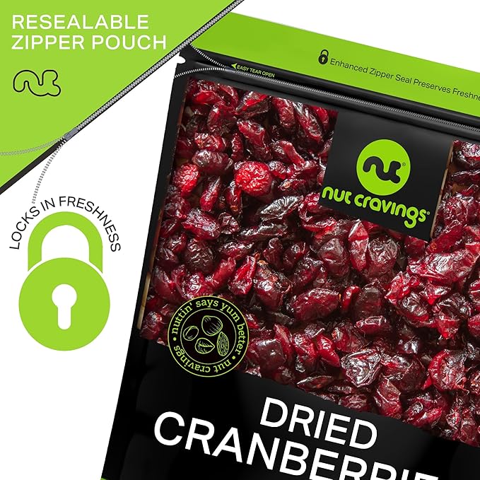NUT CRAVINGS - Sun Dried Whole Cranberries, Lightly Sweetened, Unsulphured (32oz, 2 LB) Bulk Dry Fruits Packed Fresh in Resealable Bag - Sweet Healthy Snack, Naturally Grown, Vegan, Kosher