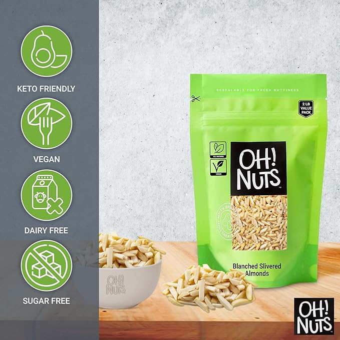 Oh! Nuts Almonds Blanched Slivered - Raw - 100% Natural - 2 lb - High-Protein Almond - Packed in New York Zip-Seal Bag for Exceptional Freshness