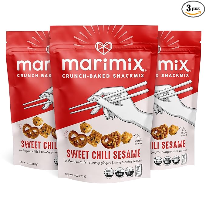 Marimix Snack Mix | Sweet Chili Sesame 3 Pack | Crunch Baked Sweet & Salty Savory Plant Based Naturally Gluten Free Whole Grain Fiber Charcuterie Pretzel Trail Party Mix | No Artificial Ingredients