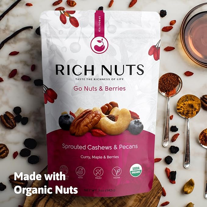 Rich Nuts Go Nuts & Berries Gourmet Sprouted Trail Mix | Includes Cashews, Pecans and Dried Berries | Vegan, Paleo and Keto | Non-Roasted, Dehyrdated, Germinated, Raw and Whole | 5 Oz Bag (2 Pack)