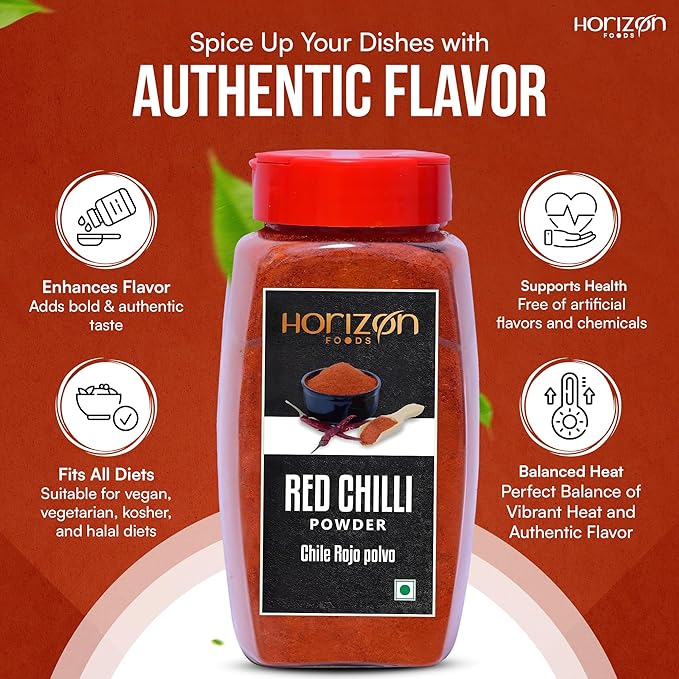 Horizon Foods Premium Red Chili Powder - 200g Indian Spice Blend for Tikka Masala Sauce, Mexican Oregano & Mixed Vegetables. Perfect Seasoning with Guajillo Chiles & Ancho Chili Flakes in Your Indian Spice Box (100g, Red Chilli Powder)