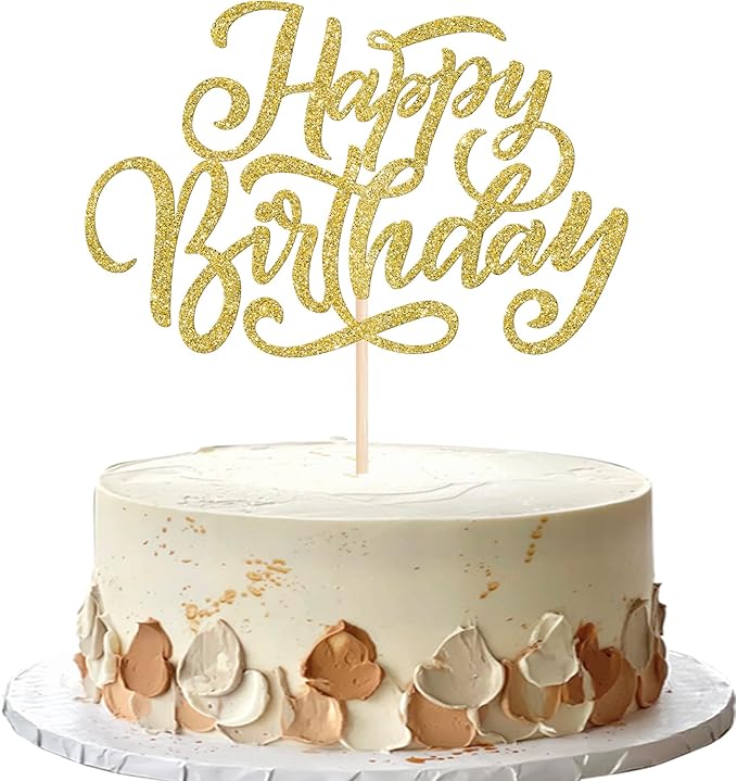 Rsstarxi 1 Pack Golden Glitter Happy Birthday Cake Topper Birthday Cake Pick Men Women Birthday Cake Decorations for Happy Birthday Theme Anniversary Party Cake Decorations