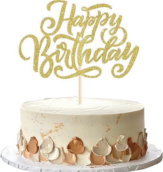 Rsstarxi 1 Pack Golden Glitter Happy Birthday Cake Topper Birthday Cake Pick Men Women Birthday Cake Decorations for Happy Birthday Theme Anniversary Party Cake Decorations