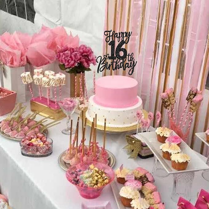 1 PCS Happy 16th Birthday Cake Topper Glitter Cheers to 16 Years Birthday Cake Pick Sixteen Sweet 16 Cake Decoration for Happy 16th Birthday Anniversary Theme Party Decorations Supplies Black