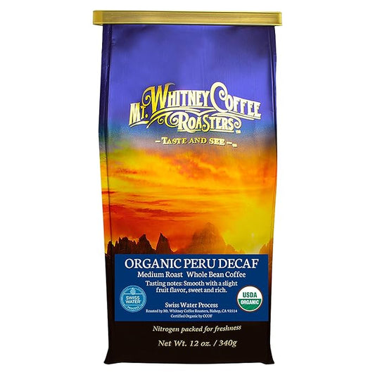 Mt. Whitney Organic Swiss Water, Low Acid, Decaf Coffee from Peru (Whole Bean, 12 Oz)