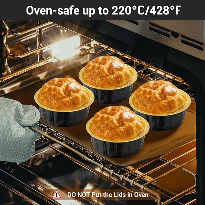 EUSOAR Cupcake Liners, 25pcs 9oz Black Disposable Ramekins with Lids Oven Safe, Cake Container Pans with Lids Bakery Cheesecakes Muffins Pie Round Holders for Wedding Birthday Theme Party