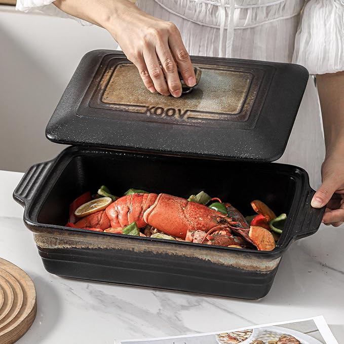 KOOV Ceramic Casserole Dish with Lid, Covered Rectangular Casserole Dish Set, Lasagna Pans with Lid for Cooking, Baking dish With Lid for Dinner, 9 x 13 Inches, Stripe Series (Rough Black)