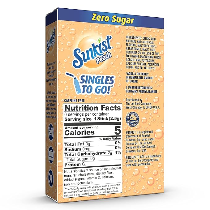 Sunkist Soda SINGLES TO GO! Drink Mix In 12 Boxes with 6 Packets Each (NonCarbonated and Sugar Free), Peach, 72 Count