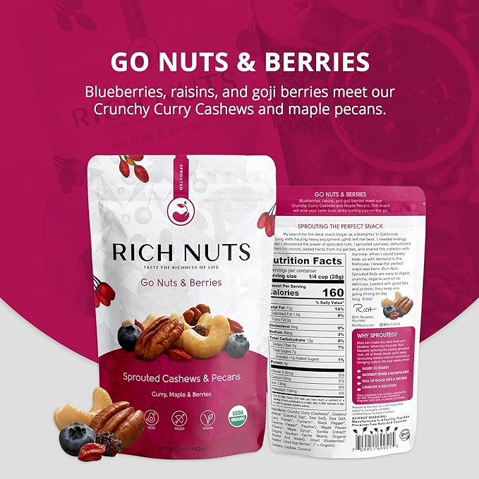 Rich Nuts Go Nuts & Berries Gourmet Sprouted Trail Mix | Includes Cashews, Pecans and Dried Berries | Vegan, Paleo and Keto | Non-Roasted, Dehyrdated, Germinated, Raw and Whole | 5 Oz Bag (2 Pack)