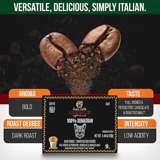Caffè Garibaldi Sumatran Coffee Pods, Single-Serve Capsules for Keurig K-Cup Brewers with 100% Arabica Blend, Recyclable Pod and Single Serve Cups, 72 Count K-Pods - Dark Roast