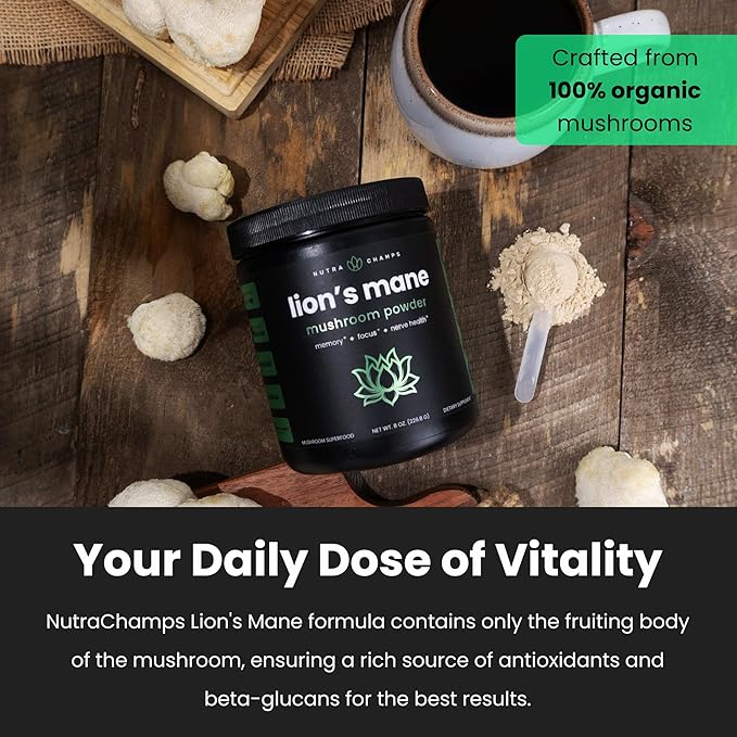 NutraChamps Organic Lions Mane Powder - 2000mg Powerful Nootropic for Memory, Focus, Immune Support - Vegan Lion?™s Mane Mushroom Powder Supplement with Naturally Occurring Beta-Glucans - 8oz