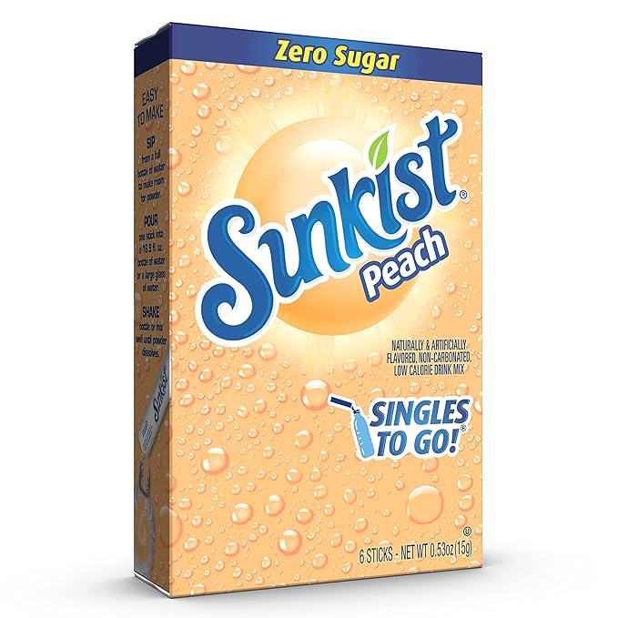 Sunkist Soda SINGLES TO GO! Drink Mix In 12 Boxes with 6 Packets Each (NonCarbonated and Sugar Free), Peach, 72 Count