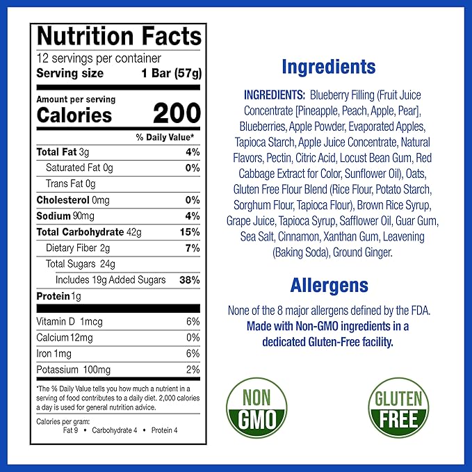 Betty Lou's Fruit Bars, Blueberry Pack of 12, Gluten Free, Vegan, Non GMO, Deliciously Healthy Snacks Made with All Natural Fruit Juice, Individually Wrapped, 2 oz. Each, 12 Bars