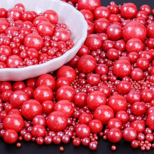 Red Pearl Sprinkles for Cake Decorating, Pearl Sugar in Mix Sizes 130g/4.6oz, Baking Cupcakes, Donuts, Macarons Baking Toppings, Wedding Celebration Birthday Party Supplies