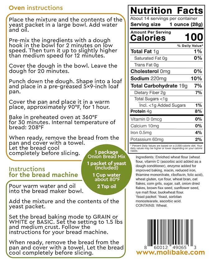 Molibake Onion Bread Mix ??Pack of 4 ??Premium All-Natural Baking Mix for Bread Machine and Oven ??14 oz ??Gourmet Blend with Dried Onion Flakes, Sunflower Seeds, Rye Malt Flour ??Easy-to-Use Bread Maker Mix for Homemade Baking