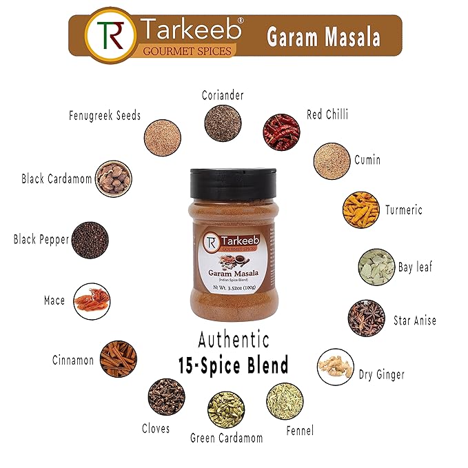 Tarkeeb Garam Masala Indian 15-Spice Blend 3.52 oz (100g) Shaker Top PET Jar ~ All Natural | Vegan | No Colors | Gluten Free | NON-GMO | Indian Origin |