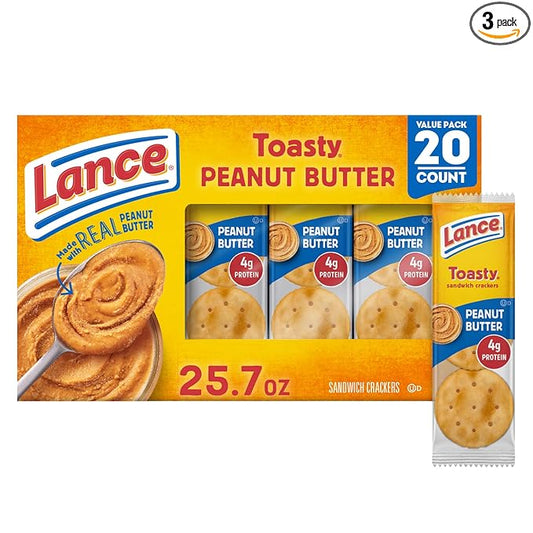 Lance Sandwich Crackers, Toasty Peanut Butter, 20 Individually Wrapped Packs, 6 Sandwiches Each