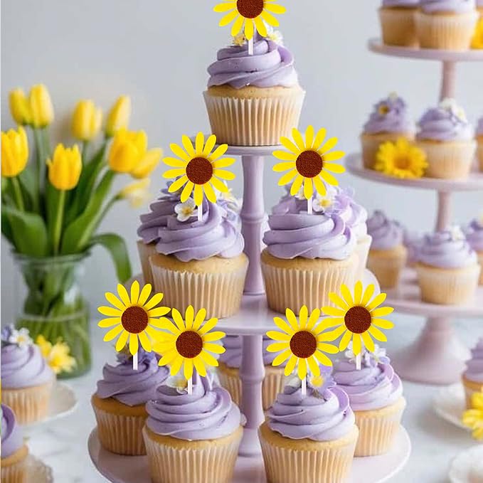 30 Pack Sunflower Cupcake Toppers Glitter Baby Shower Sunflower Cupcake Picks for Gender Reveal Theme Baby Shower 1st Birthday Party Cake Decorations Supplies Yellow