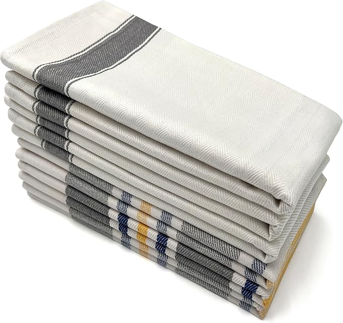 Lincoln & Palm Natural Cotton Tea Towels, 27 x 19, Set of 6 Herringbone Kitchen Dish Towels, Flour Sack Flat Woven for Drying Dishes, Hands, or Bread Proofing, Striped, Patterned Designs (Light Gray)