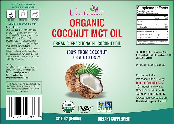 Verdana USDA Certified Organic Coconut MCT Oil ?밊ractionated Coconut Oil ??No Palm Kernel Used ??Kosher, Food Grade, Non-GMO ??Great for Keto and Paleo Diets ??1Gallon