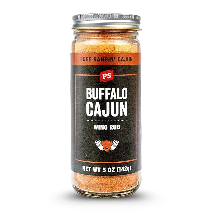 PS Seasoning Buffalo Cajun Wing Rub - Spicy Buffalo Chicken Spice with Red Pepper, Vinegar, Butter - Chicken Wing Cajun Seasoning Dust & Dry Rub for Turkey, Shrimp, Fries, Popcorn, 5oz