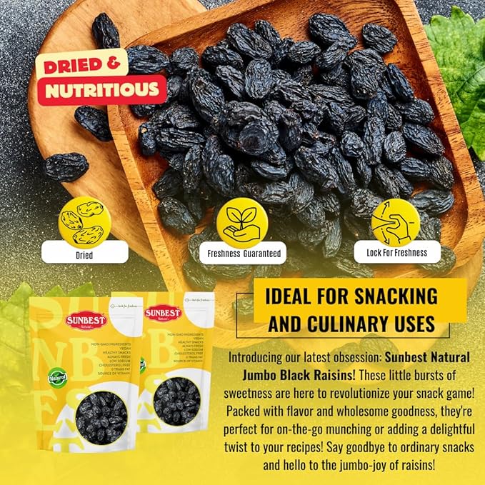 Sunbest Natural Jumbo Black Raisins ??5 lb Bulk Bag (80 oz) ??Plump, Juicy & Nutrient-Rich ??High in Fiber ??Resealable, Perfect for Snacking, Cooking & Baking