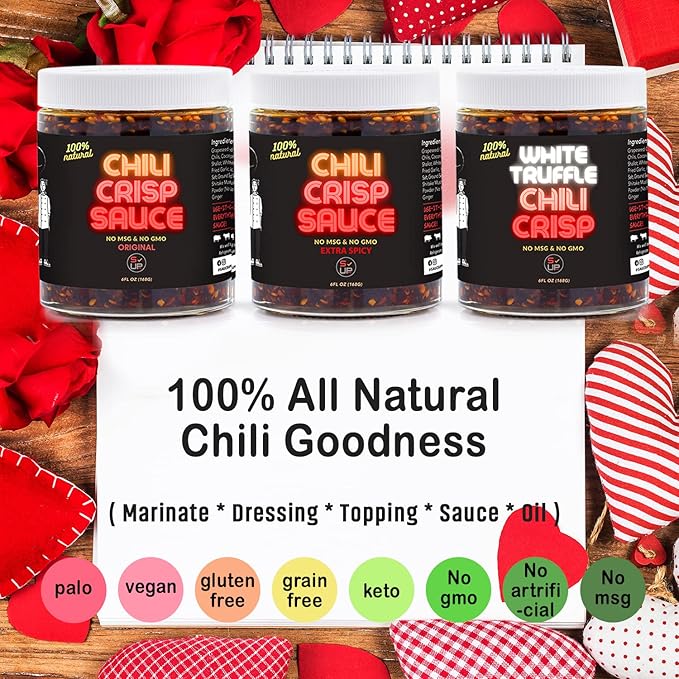 SAUCE UP 100% Natural Artisan Chili-Crisp 6oz- Premium Ingredients, Vegan, Keto, Zero Msg, Flavor Bomb, Crafted in NYC (Sweet, Crispy, Umami, Smoky, Savory)-Good on Anything Chili Sauce (Extra Spicy)