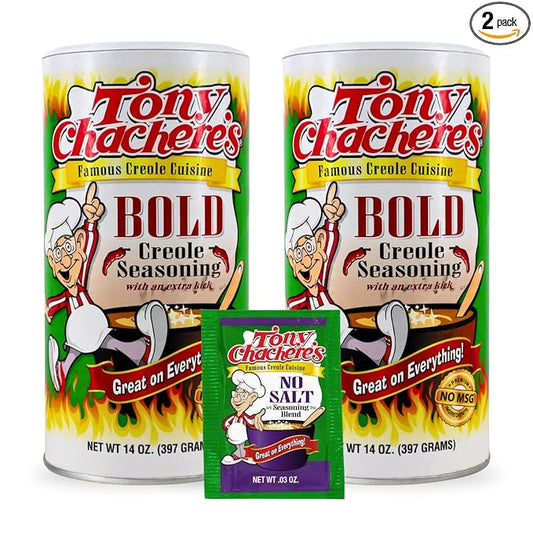 Tony Chachere's Creole and Cajun Seasoning Canisters (2 Pack + Packet) (2 Pack, Bold with NS)