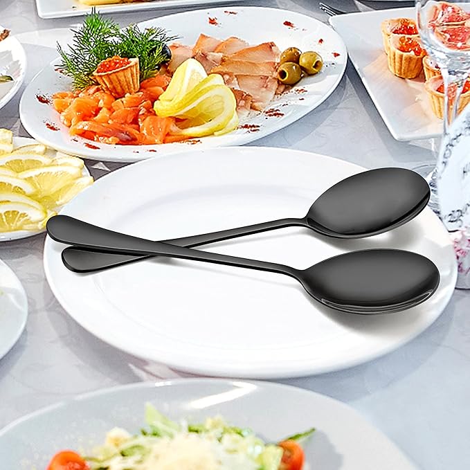 LIANYU Black Serving Spoons Set of 6, 9.8 Inch Stainless Steel Large Dinner Buffet Catering Banquet Serving Spoons, Mirror Finish, Dishwasher Safe