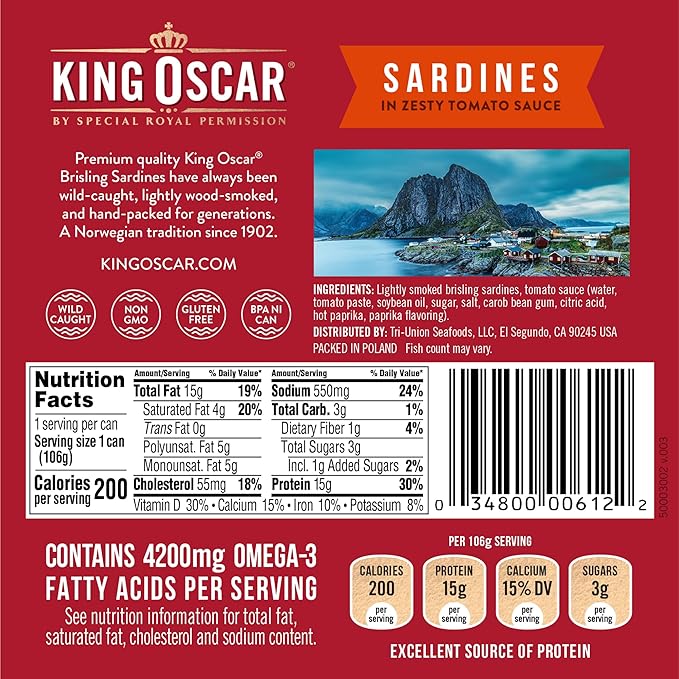King Oscar Premium Sardines in Zesty Tomato Sauce, 3.75 Ounce Cans (Pack of 12), Wild Caught Canned