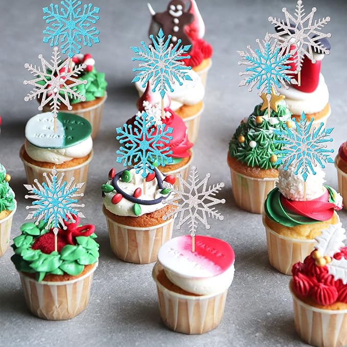 24 PCS Glitter Snowflake Cupcake Toppers Winter Frozen Theme Cupcake Picks Winter Wonderland Cake Decorations for Snowflake Theme Baby Shower Birthday Merry Christmas Party Supplies Blue Silver