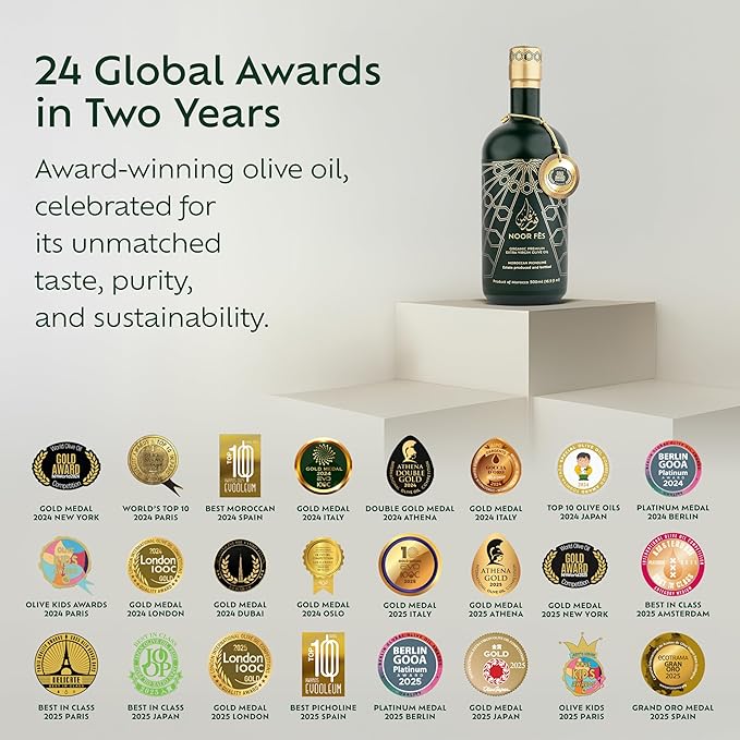 NOOR FÈS 20+ Awards EVOO | Polyphenol Rich 584 mg/kg | USDA Organic Extra Virgin Olive Oil | Moroccan Picholine | Cold Pressed Olive Oil | Great Gift for Chefs | 17 Oz
