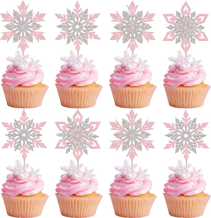 Rsstarxi 24 Pack Pink Snowflake Cupcake Toppers Double Layered Silver Snowflake Cupcake Picks Decoration for Winter Frozen Theme Baby Shower Wedding Birthday Christmas Party Cake Decorations