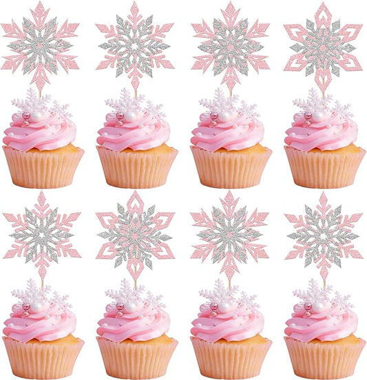 Rsstarxi 24 Pack Pink Snowflake Cupcake Toppers Double Layered Silver Snowflake Cupcake Picks Decoration for Winter Frozen Theme Baby Shower Wedding Birthday Christmas Party Cake Decorations