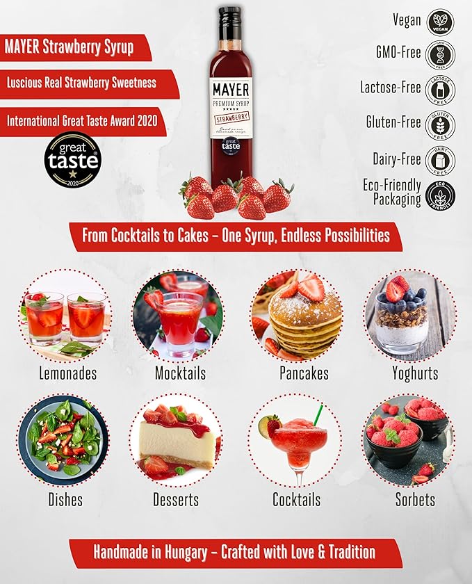 Mayer Premium Hungarian Strawberry Syrup ??Award-Winning Artisan Fruit Syrup, All-Natural, Over 50% Real Strawberries, Vegan, Gluten-Free ??Perfect Coffee Syrup & Dessert Topping (2 Pack)