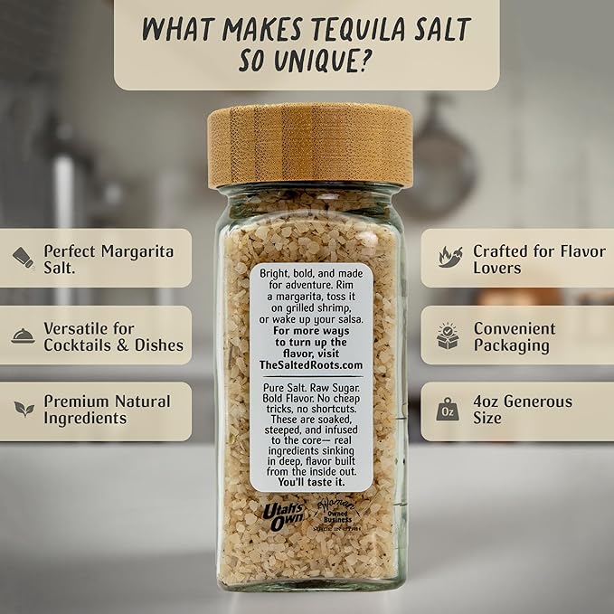 The Salted Roots - Tequila Margarita Salt - Infused with Lime, Garlic, and Tequila - 4oz