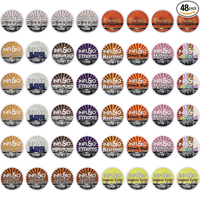 InfuSio Flavored Coffee Pods Variety Pack – 48 Count, 12 Gourmet Medium Roast Dessert-Inspired Blends like Bananas Foster & Crème Brûlée, Compatible with Keurig K-Cup 2.0 Brewers