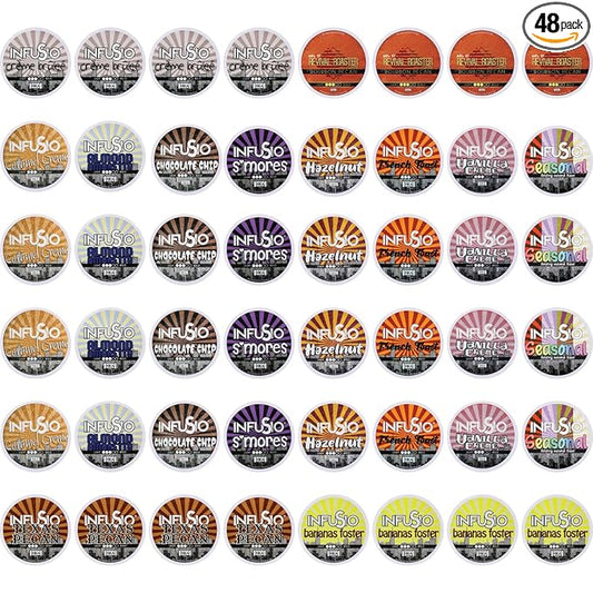 InfuSio Flavored Coffee Pods Variety Pack – 48 Count, 12 Gourmet Medium Roast Dessert-Inspired Blends like Bananas Foster & Crème Brûlée, Compatible with Keurig K-Cup 2.0 Brewers