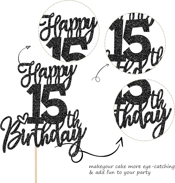 1 PCS Happy 15th Birthday Cake Topper Glitter Cheers to 15 Years Birthday Cake Pick Sweet 15 Fabulous Cake Decoration for Happy 15th Birthday Anniversary Theme Party Decorations Supplies Black