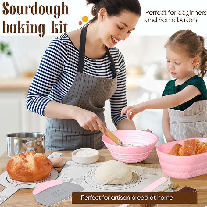 Sourdough Starter Kit with Jar ??Complete Sourdough Bread Baking Supplies for Beginners, Includes 2 Silicone Proofing Baskets Baking Mat Sour Dough Kit - Pink