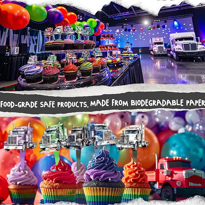 40 Semi Truck Party Decorations - Cupcake Toppers for Semi Truck Birthday, Trucking Baby Shower and Cake Decor