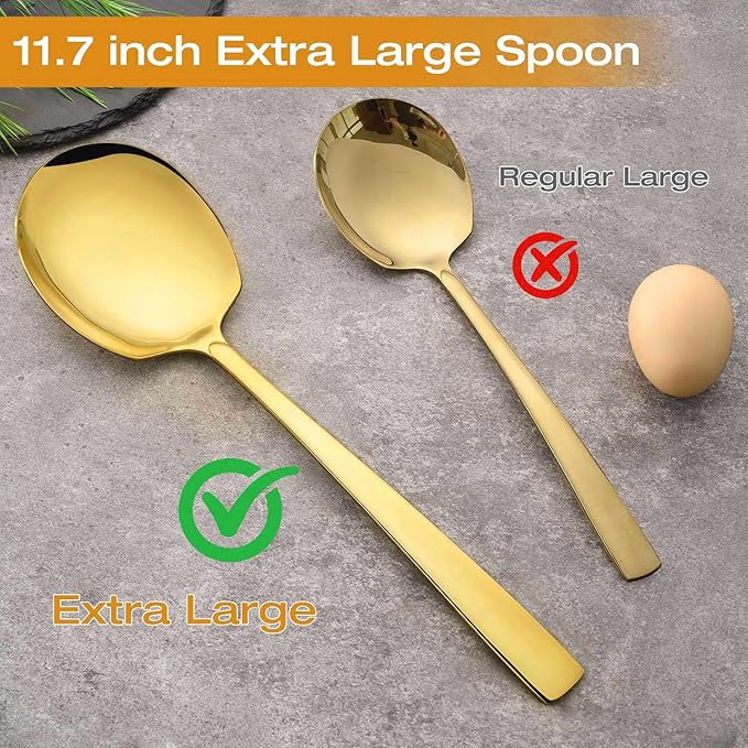 Extra Large Serving Spoons Set 11.7 Inch Gold Serving Utensils 18/8 Stainless Steel Big Metal Spoons for Buffet, Parties, Catering, Banquet - Dishwasher Safe (6-Piece, Gold)