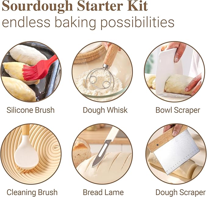 Sourdough Bread Proofing Basket Kit,9" Round and 10" Oval Banneton Basket with Liners & Covers,Bread Baking Supplies with Bread Lame, Dough Whisk, Brush,Bowl Scraper,Brush and Scraper