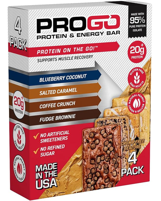 ProGo Protein Bars, Low Sugar, High Protein Snacks (Up to 22g) - 95% Pure Isolate for Faster Muscle Growth & Recovery, Low Calorie, Sweetened w/Peanut Butter & Honey (4-Count, Starter Pack)