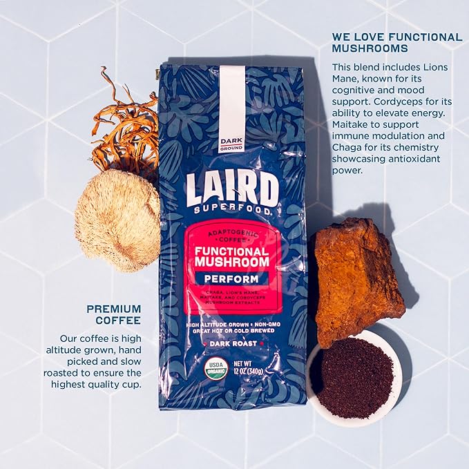 Laird Superfood Peruvian Dark Roast Coffee with Functional Mushrooms, Certified Organic Peruvian Ground Coffee Beans, Gluten-Free, Dairy-Free, Non-GMO, Paleo, Keto Friendly, 12 oz. Bag