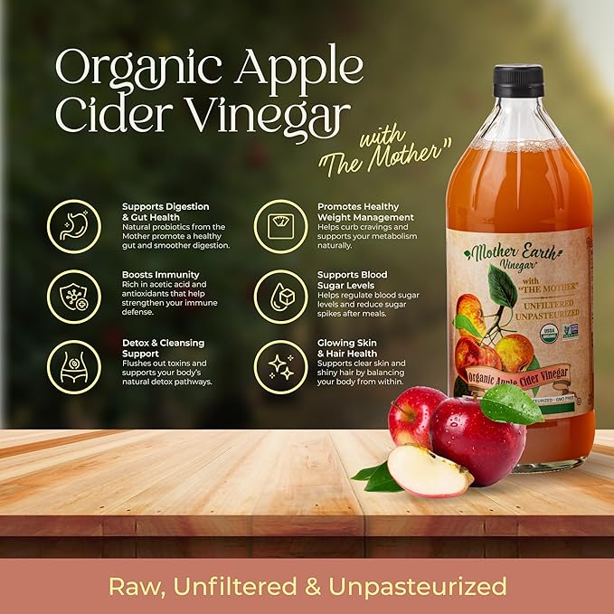 Mother Earth, Organic Apple Cider Vinegar with The Mother, Fresh Pressed Organic Apples, OACV, ACV, Raw, Unpasteurized, Unfiltered (1/16oz Glass Bottle)