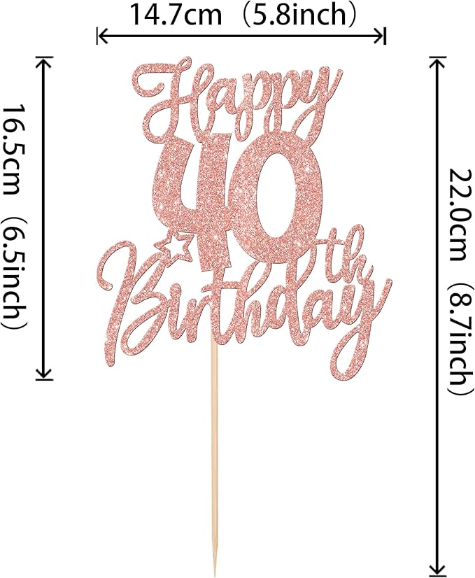 1 PCS Happy 40th Birthday Cake Topper Glitter Cheers to 40 Years Birthday Cake Pick Forty Hello 40 Fabulous Cake Decoration for Happy 40th Birthday Anniversary Party Decorations Rose Gold