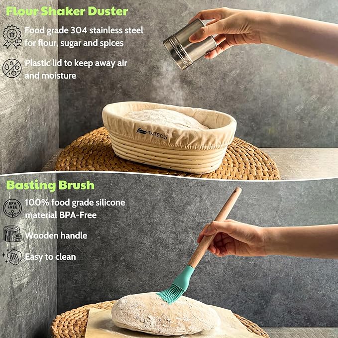 Banneton Bread Proofing Basket, Sourdough Bread Baking Supplies, Sourdough Starter Kit with 9 Inch Banneton Baskets, Silicone Bread Sling, 5 Bread Lame, Scoring Lame, Scraper, Dough Whisk