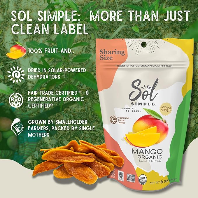 SOL SIMPLE Organic Dried Mango | 6oz Snack Pack (2 Bags Total) | One Ingredient | Vegan | Non-GMO | No Added Sugar | Fair Trade | Dried Fruit | Mango