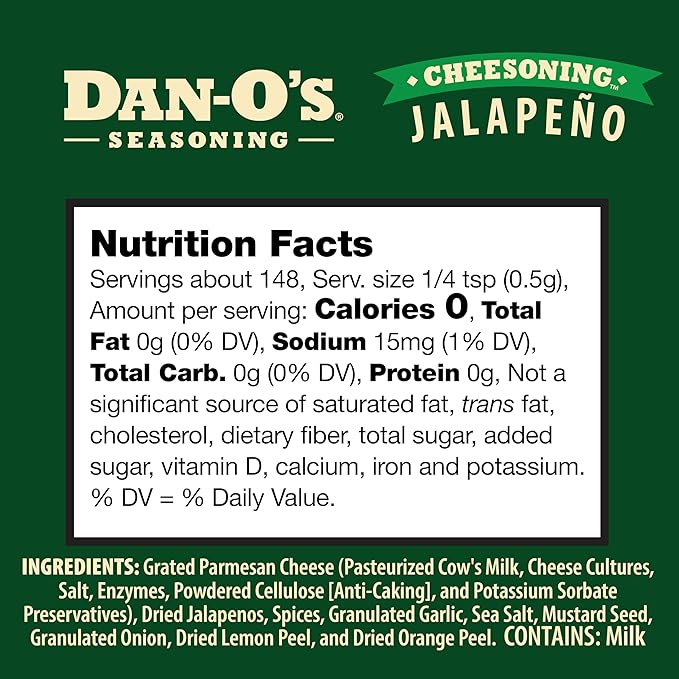 Dan-O's Jalapeño Cheesoning Seasoning, 2.6 oz Bottle, 2 Pack, Cheesy Seasoning for Pizza, Popcorn, Chicken, Bread and More, Sugar Free, Zero Calorie, Parmesan Cheese Replacement for your Favorite Food